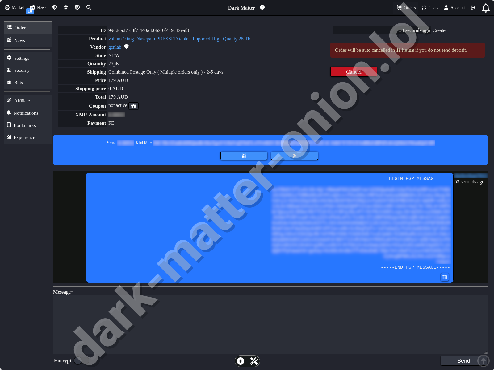 Dark Matter Darknet Market Order and Checkout Page
